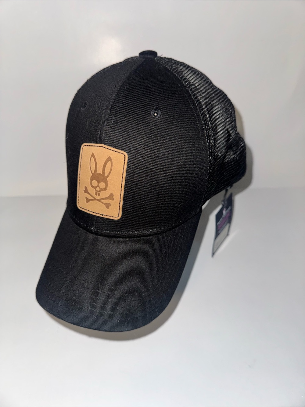 Psycho Bunny Black Trucker Hat with Tan Bunny Skull Patch